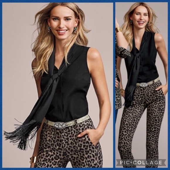 CULT FAVORITE CABI SLEEVELESS BUTTON UP BLACK SHIRT WITH FRINGE TIE - Picture 1 of 1